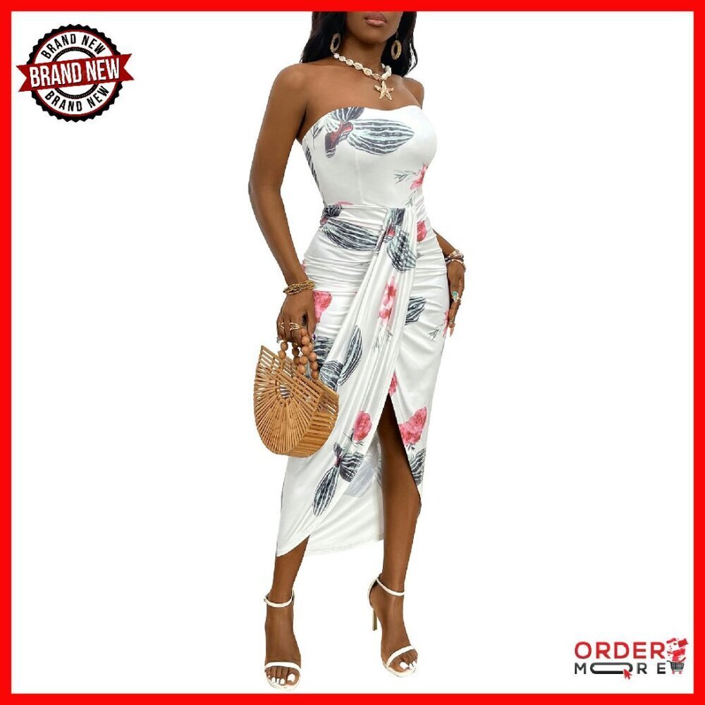 Strapless Ruched Maxi Dress with Split Asymmetrical Hem
